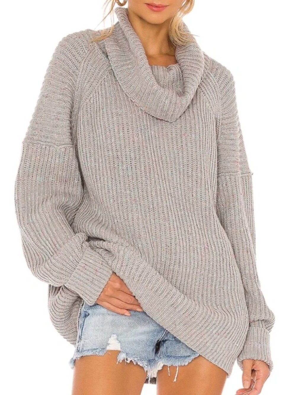 Free People LEO Tunic Sweater Gray Confetti Cowl Neck Oversized Ribbed Size L